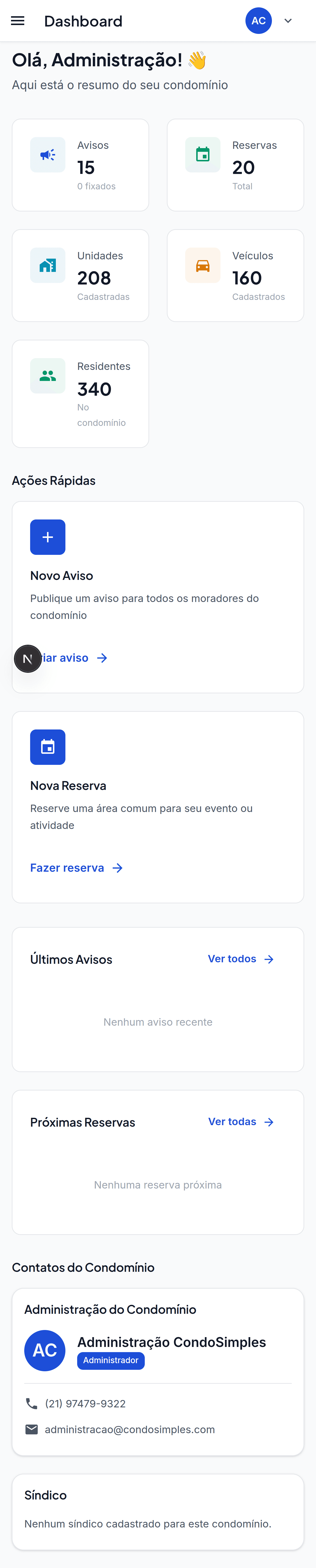 Preview do Dashboard CondoSimples - Versão Mobile